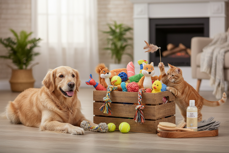 Happy pet with toys and supplies
